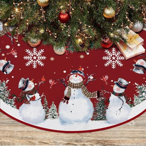 Snowman Christmas Tree Skirt 36 Inch - Red Holiday Decor