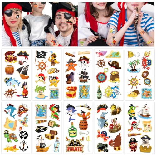 Konsait 10 Sheets Pirate Temporary Tattoos - Skull & Treasure Map Fake Tattoos