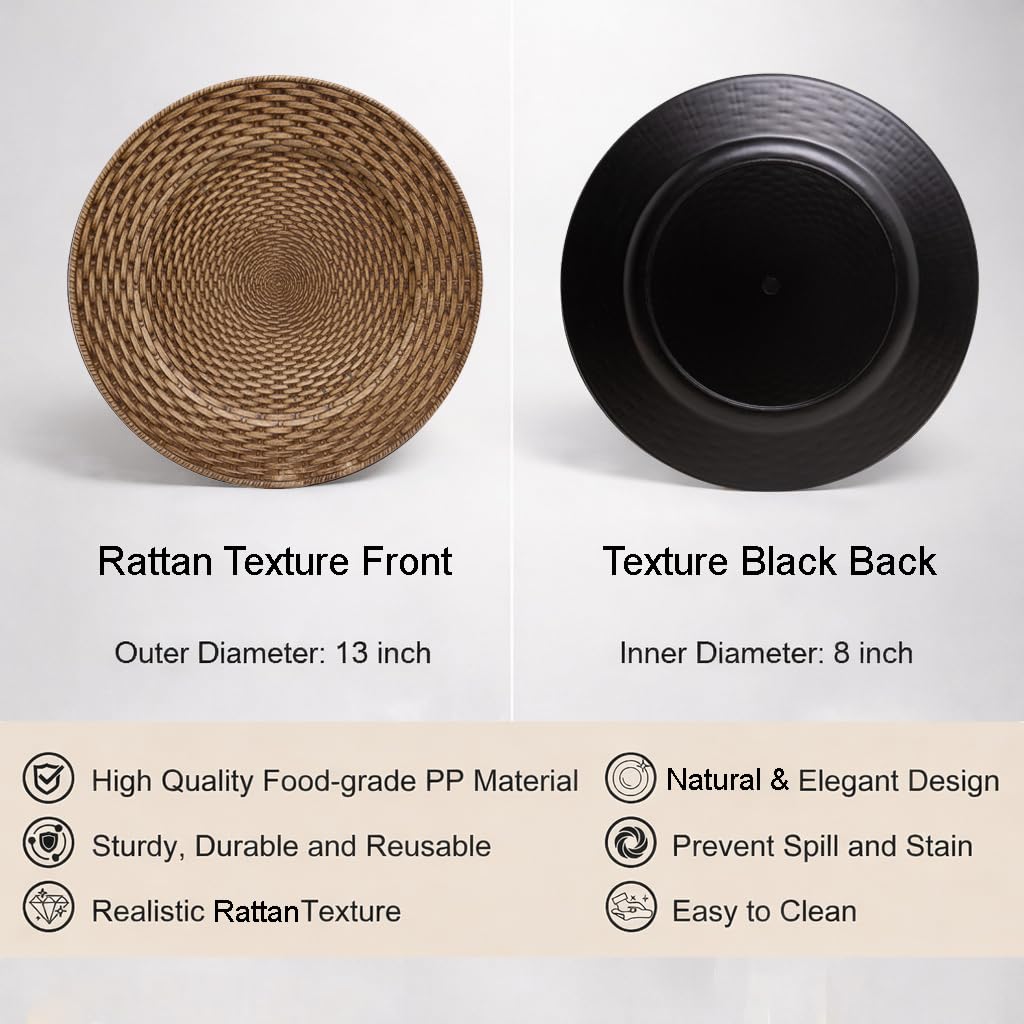 osgevei 13in Charger Plates Set of 12- Faux Rattan Chargers for Dinner Plates- Brown Round Plastic Plate Charger- Farmhouse Rustic Table Charger for Wedding, Party,Halloween, Thanksgiving, Christmas