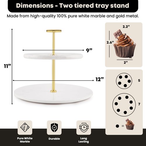 Supabon 2 Tiered White Marble Tray with Gold Metal Stand - Serving Tray for Desserts, Pastries, Cupcakes, Countertop Decor Display Stand, Detachable White Marble Plates with Gold Metal Handle