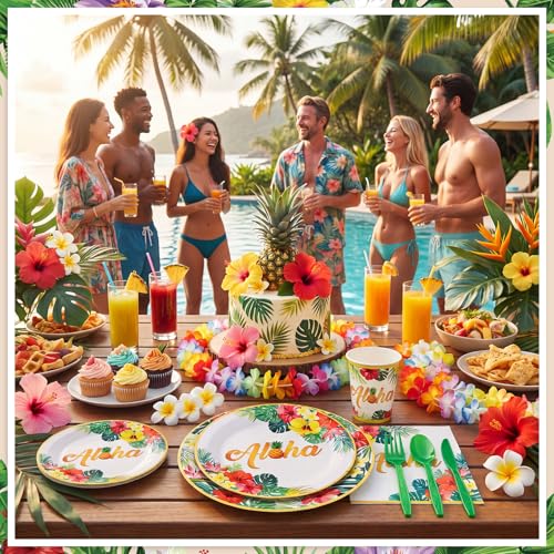 Hawaiian Party Supplies Set - 175 Pcs Tropical Tableware for 25 Guests
