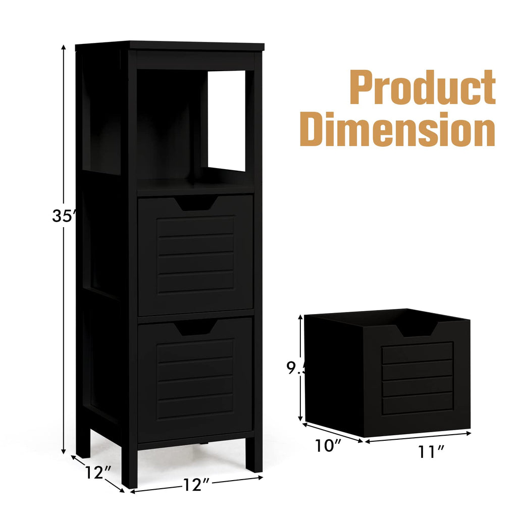 COSTWAY Bathroom Storage Cabinet, Freestanding Wooden Side Storage Cabinet with 2 Adjustable Drawers, Space-Saving Floor Cabinet for Living Room Bathroom Bedroom Entryway (Black)
