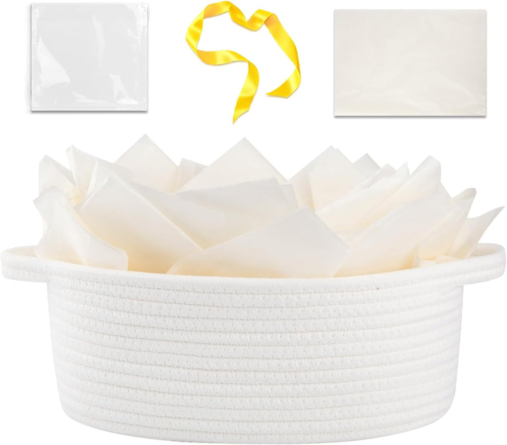 OIAHOMY Woven Gift Basket - Small Nursery Organizer with Handle, Ribbon & Tissue Paper | White