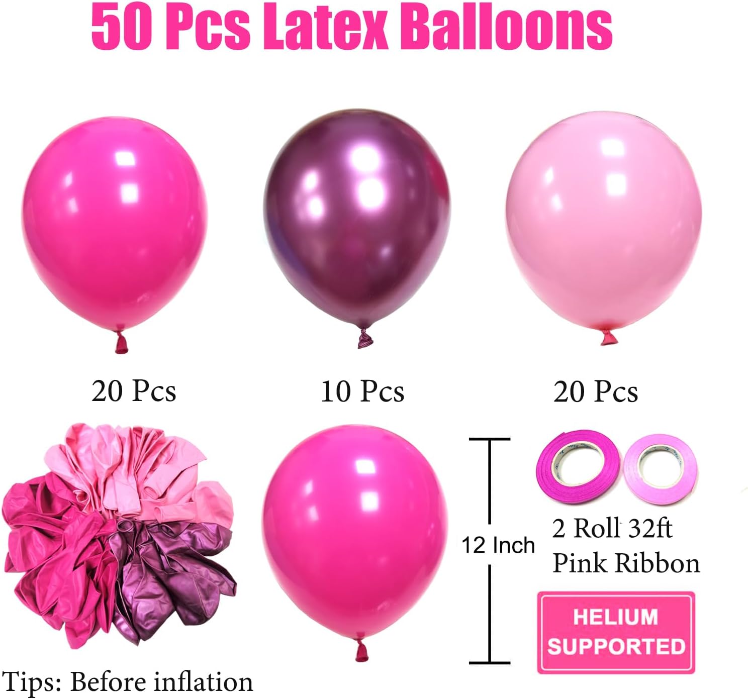 Metallic Pink Balloons - 50 Pcs 12-Inch Hot Pink & Light Pink Latex Balloons for Birthday & Baby Shower Decor