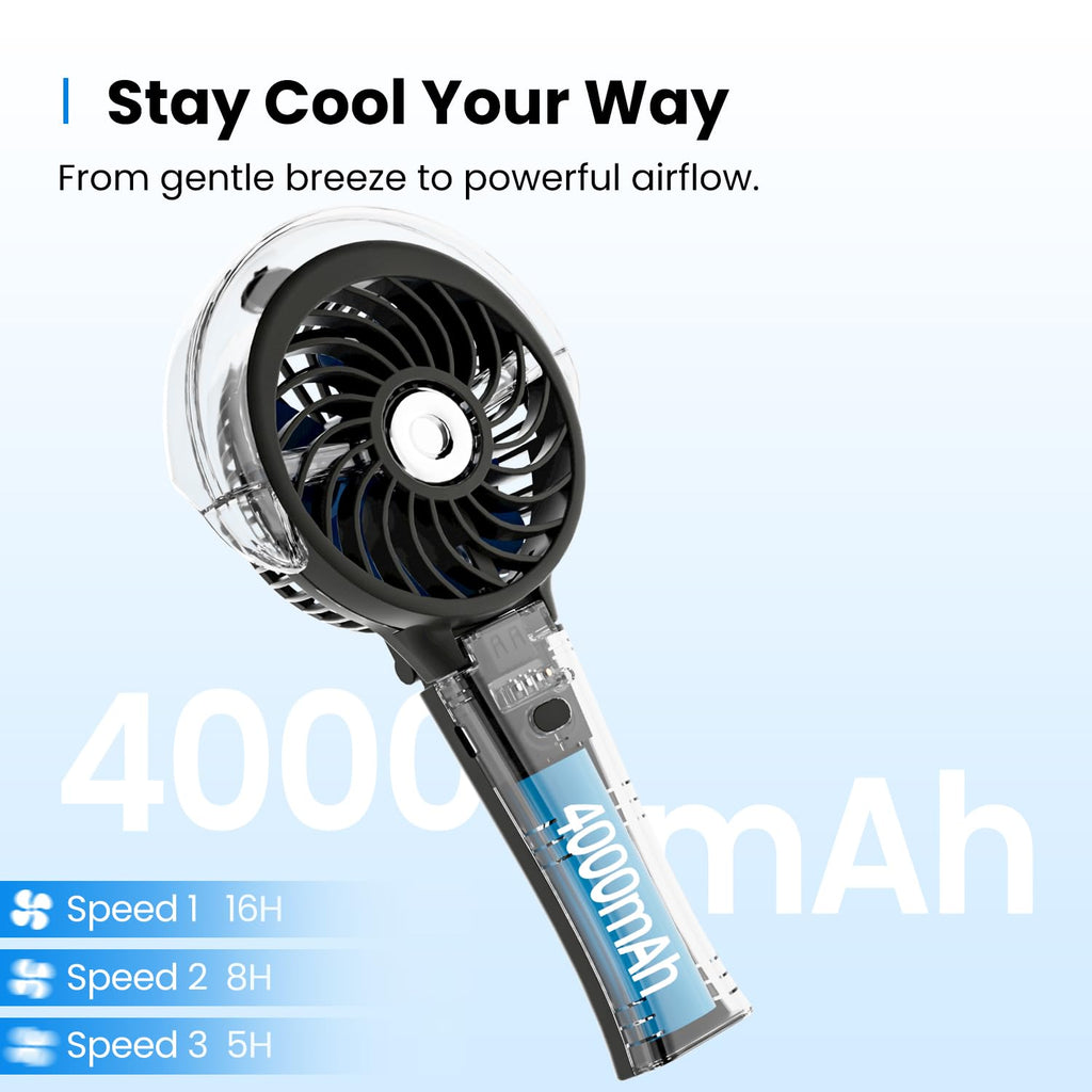 KIBEE Portable Misting Fan - 4000mAh Rechargeable, 50ml Water Tank, Foldable 180° Handheld with Mist Spray, 3-Speed Personal, Portable Charger for Travel, Outdoors, Makeup & More(Gray)