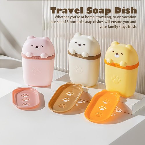 3Pcs Cute Travel Soap Case, Portable Leakproof Soap Container Box Dish with Lid, Draining Soap Holder with Covers for Bathroom Gym Traveling Camping Outdoor (Bear Shape)