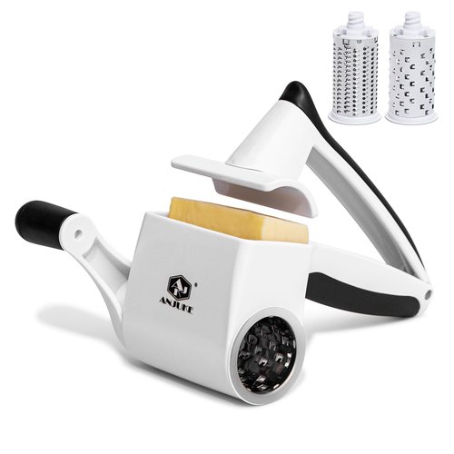 ANJUKE Rotary Cheese Grater with Handle, Manual Hand Crank Shredder with 2 Stainless Steel Drums (Fine & Coarse), Dishwasher Safe Grinder for Parmesan, Chocolate, Nuts & Kitchen Prep