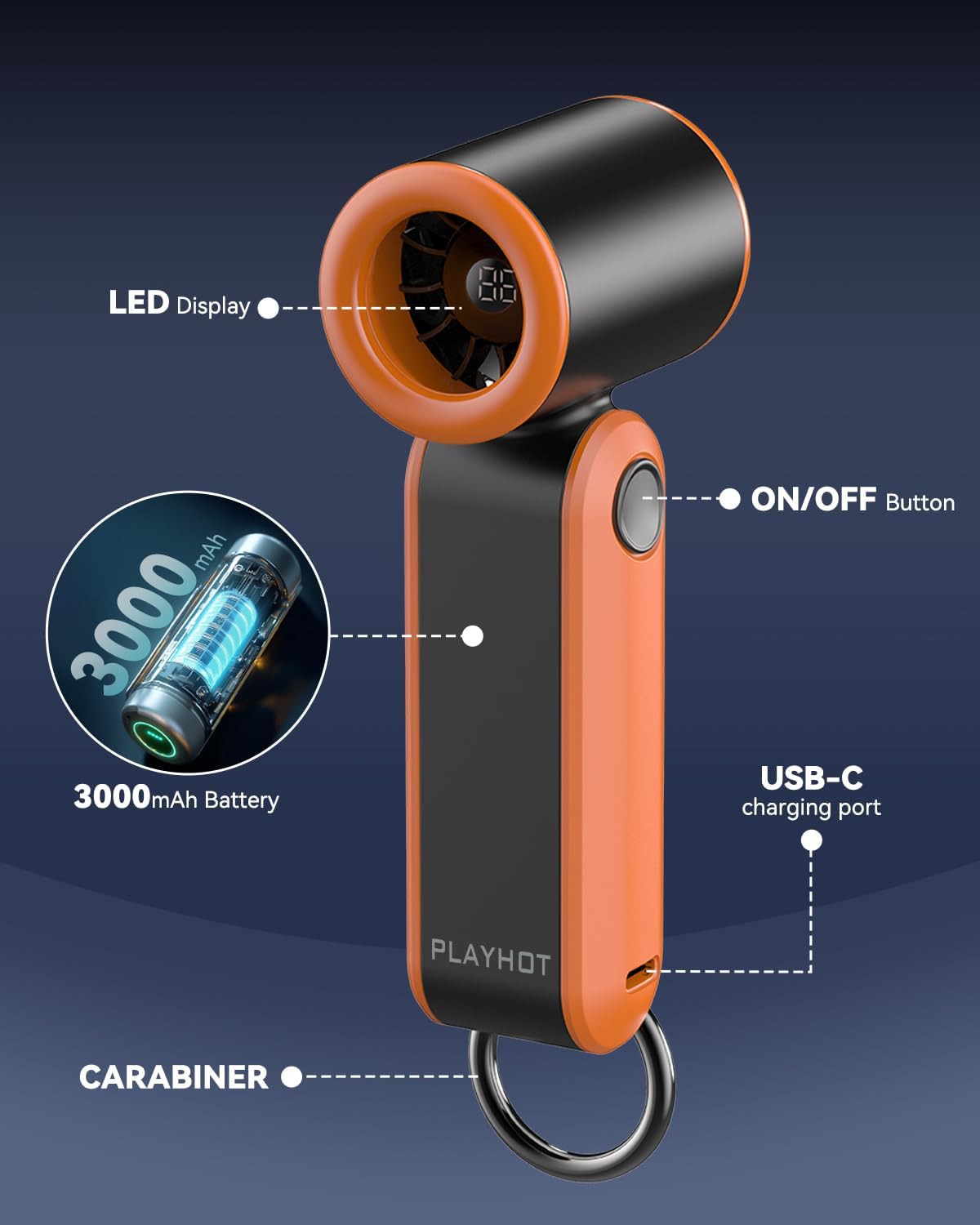 PlayHot Portable Mini Fan - Lightweight 5-Speed Handheld Fan | 3000mAh Rechargeable, Up to 10 Hours, Travel Size (Orange)