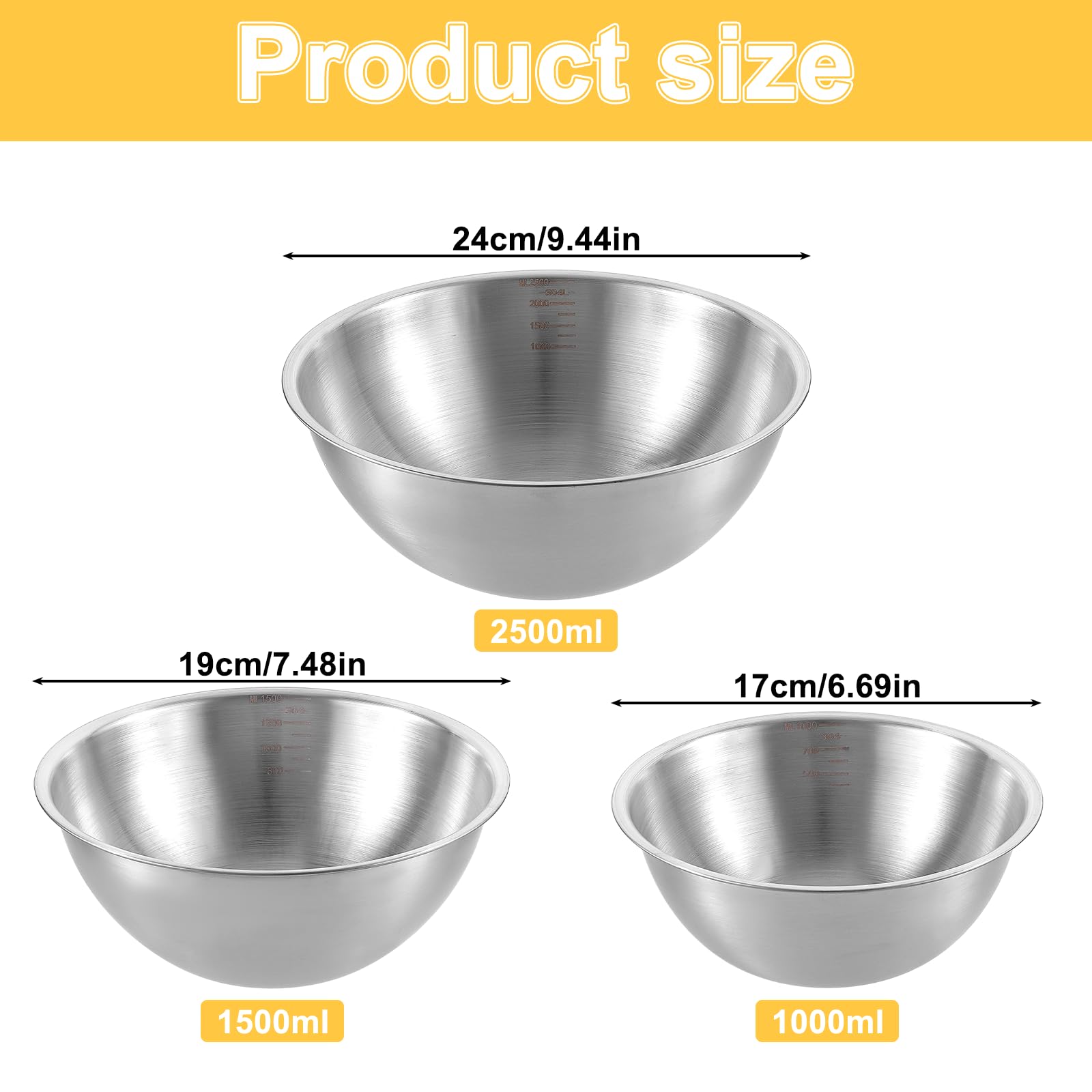 Stainless Steel Mixing Bowls 3 Packs Nesting Baking Supplies Small Thicker Stainless Steel Flat Bottom Stackable Salad Bowl Mixing Bowls Set for Cooking, Baking, Salad,Serving(1000/1500/2000ml)