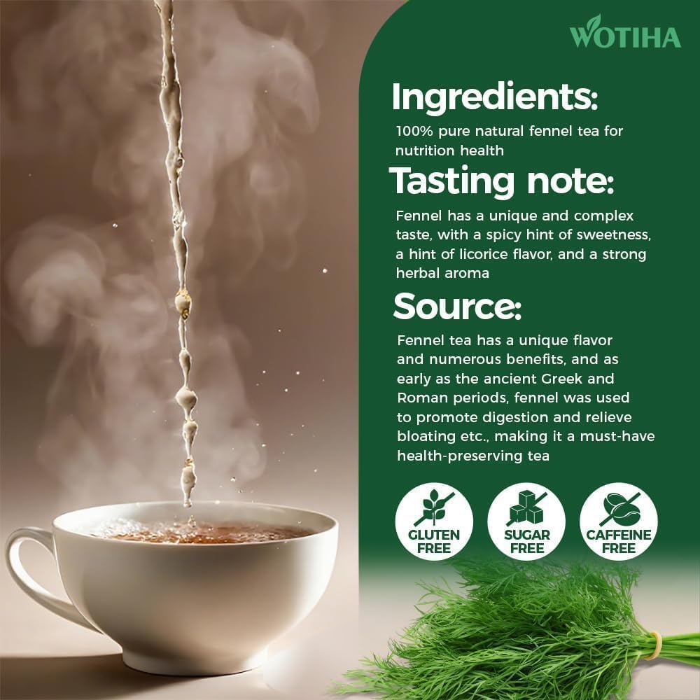 WOTIHA 90 Count Organic Premium Fennel Tea Bags - 100% Natural & Pure Herbal Tea, Supports Digestion & Reduces Bloating, Caffeine-Free, Sugar-Free, Gluten-Free, Vegan.Non-GMO