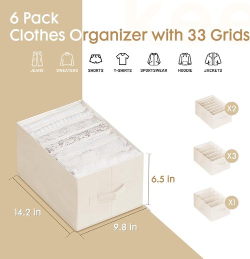 Criusia Large Clothes Organizer - 6 Pack Foldable Fabric Storage with Handles for Wardrobe | Beige