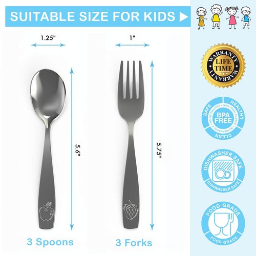 Chillout Life Stainless Steel Kids Silverware Set - Safe 6-Piece Flatware for Toddlers | Includes 3 Spoons & 3 Forks
