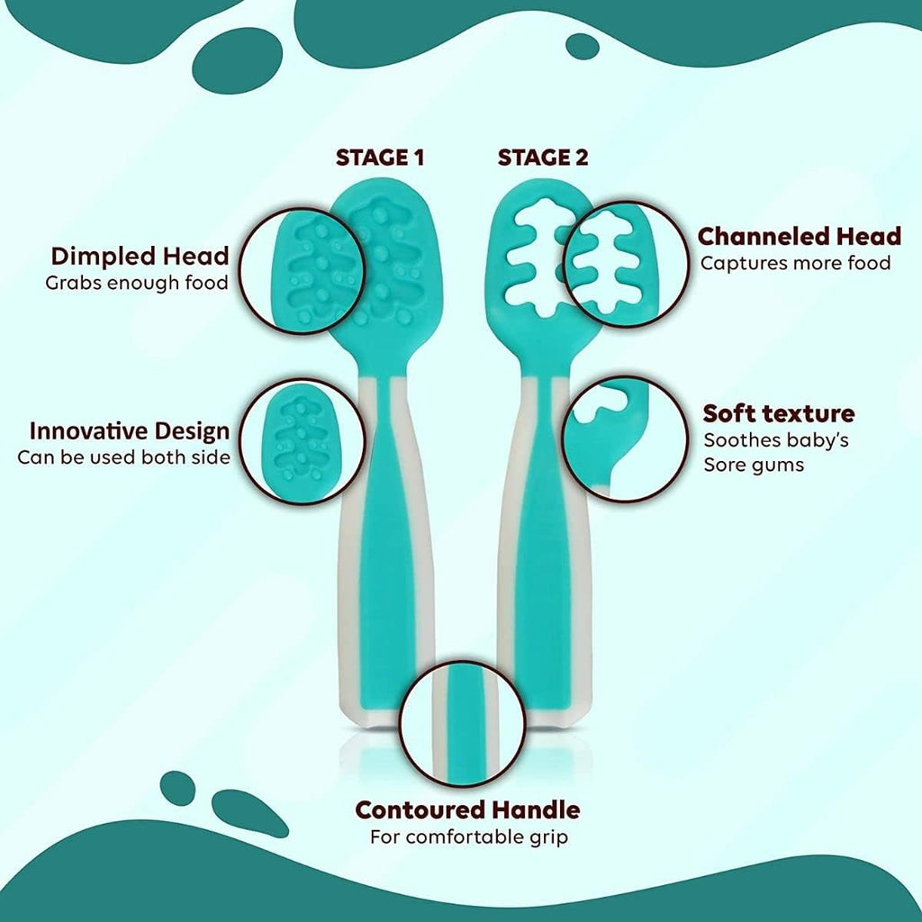 Skiennix Baby Spoons - Silicone Pre-Spoons for 6+ Months - Ideal for Baby Led Weaning | Set of 2 Teal/White