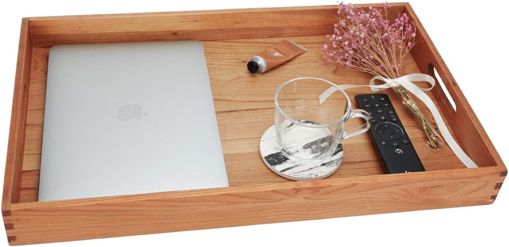 Regine Switzerland Large Rectangle Cherry Wood Ottoman Tray - 22 x 14 Inches with Handles for Serving Tea, Coffee, or Breakfast in Bed