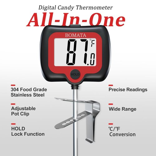 BOMATA Digital Candy Thermometer - Rotatable Display & Long Probe for Cooking, Candy, Oil | Black