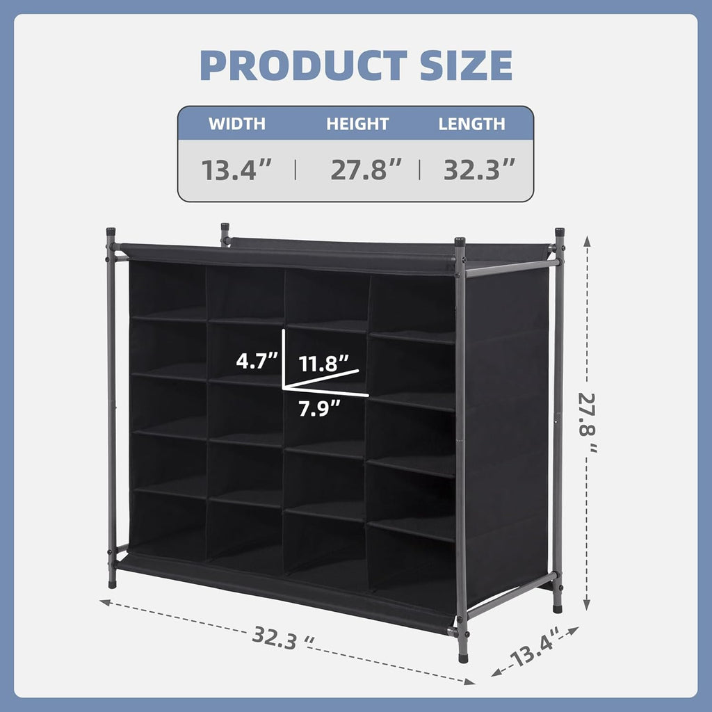 Storage Maniac Stackable Shoe Cubby Organizer - 20-Cube Free Standing Rack for Entryway & Closet | Black