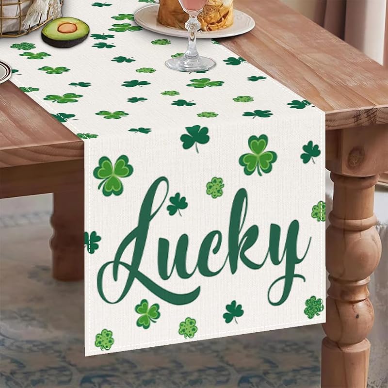 St. Patrick's Day Table Runner - 72x13 Inch Shamrock Linen Decor