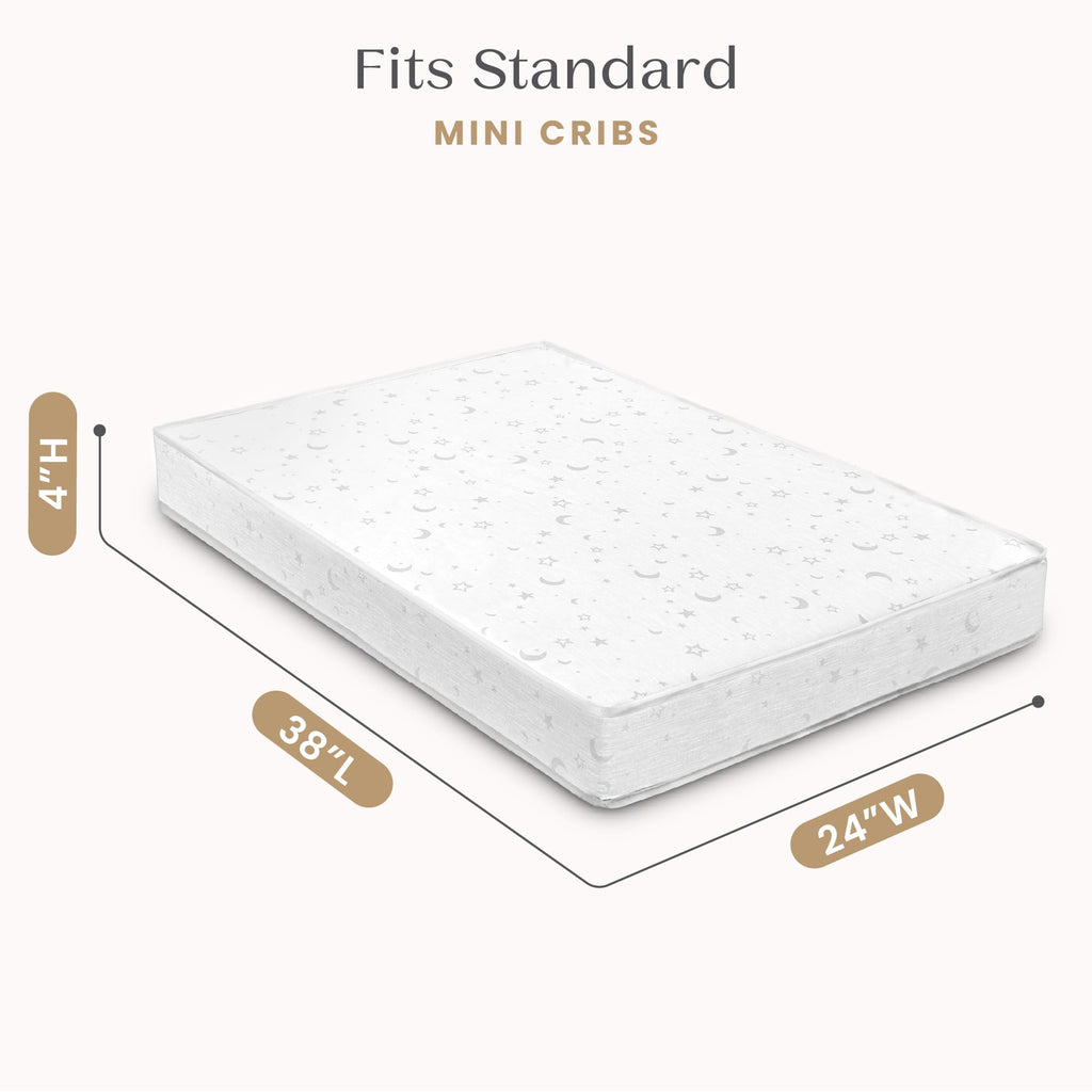 Delta Children Twinkle Galaxy Limited 4-inch Mini Crib Mattress - Premium Sustainably Sourced Fiber Core - Waterproof - GREENGUARD Gold Certified (Non-Toxic) - 5 Year Warranty - Made in USA
