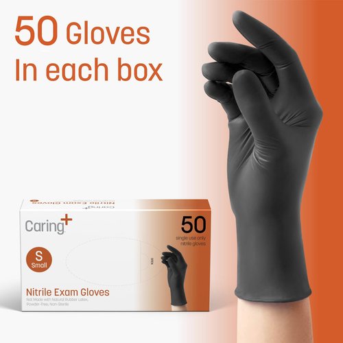Caring Nitrile Exam Gloves, 50 Count, Powder Free and Not Made with Natural Rubber Latex, Gloves for Medical Use, Cleaning, Food Prep and More, Small, Black
