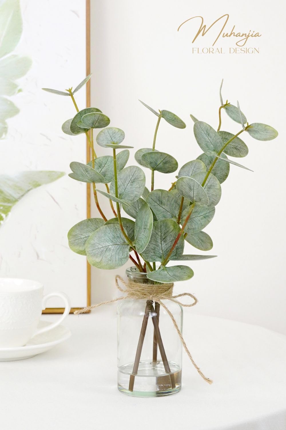 Muhanjia Artificial Eucalyptus Stems - 3Pcs Faux Green Leaves in Glass Vase with Faux Water | Perfect Centerpiece