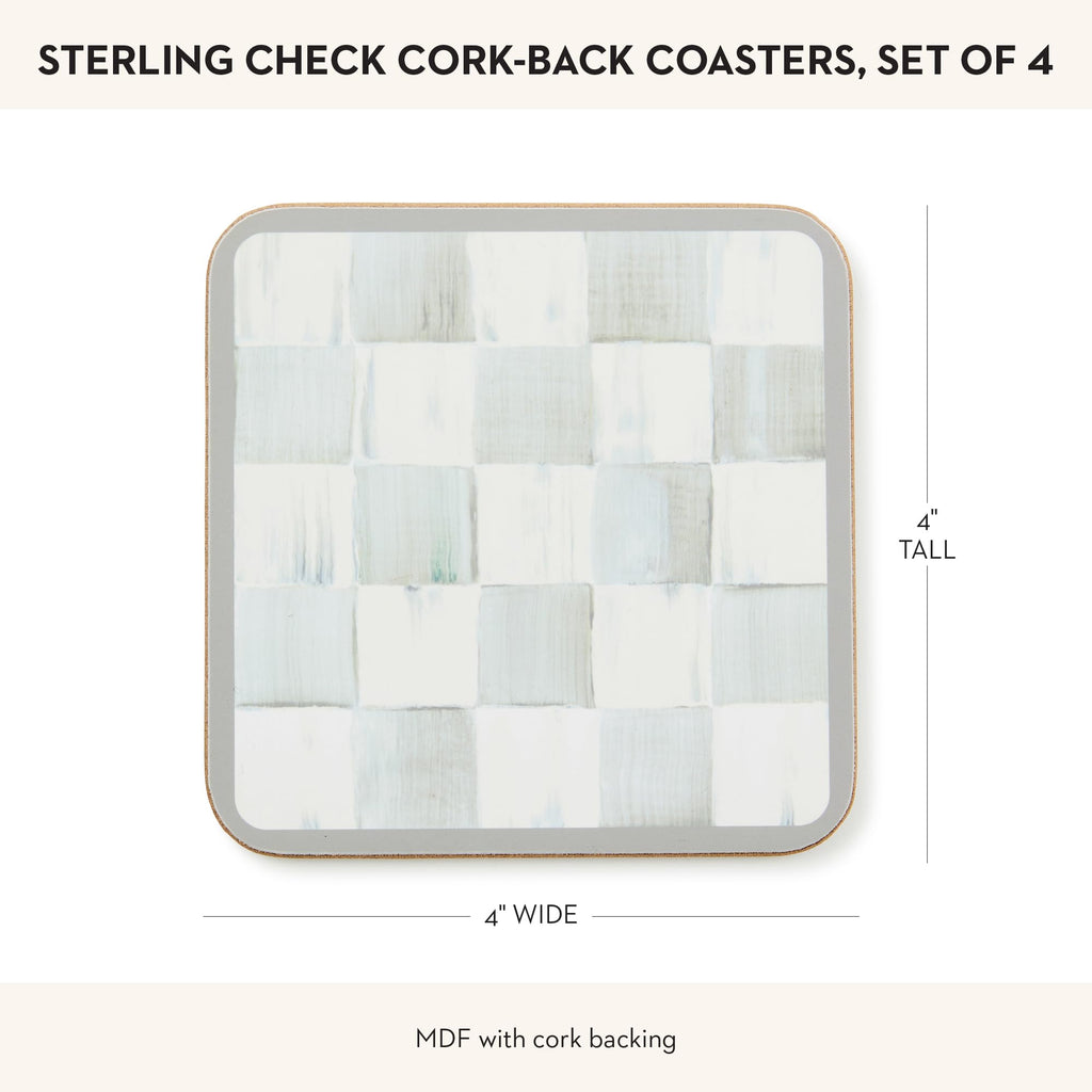 MACKENZIE-CHILDS Square Cork-Back Coaster Set, Table Coasters for Drinks, Set of 4, Gray-and-White Sterling Check