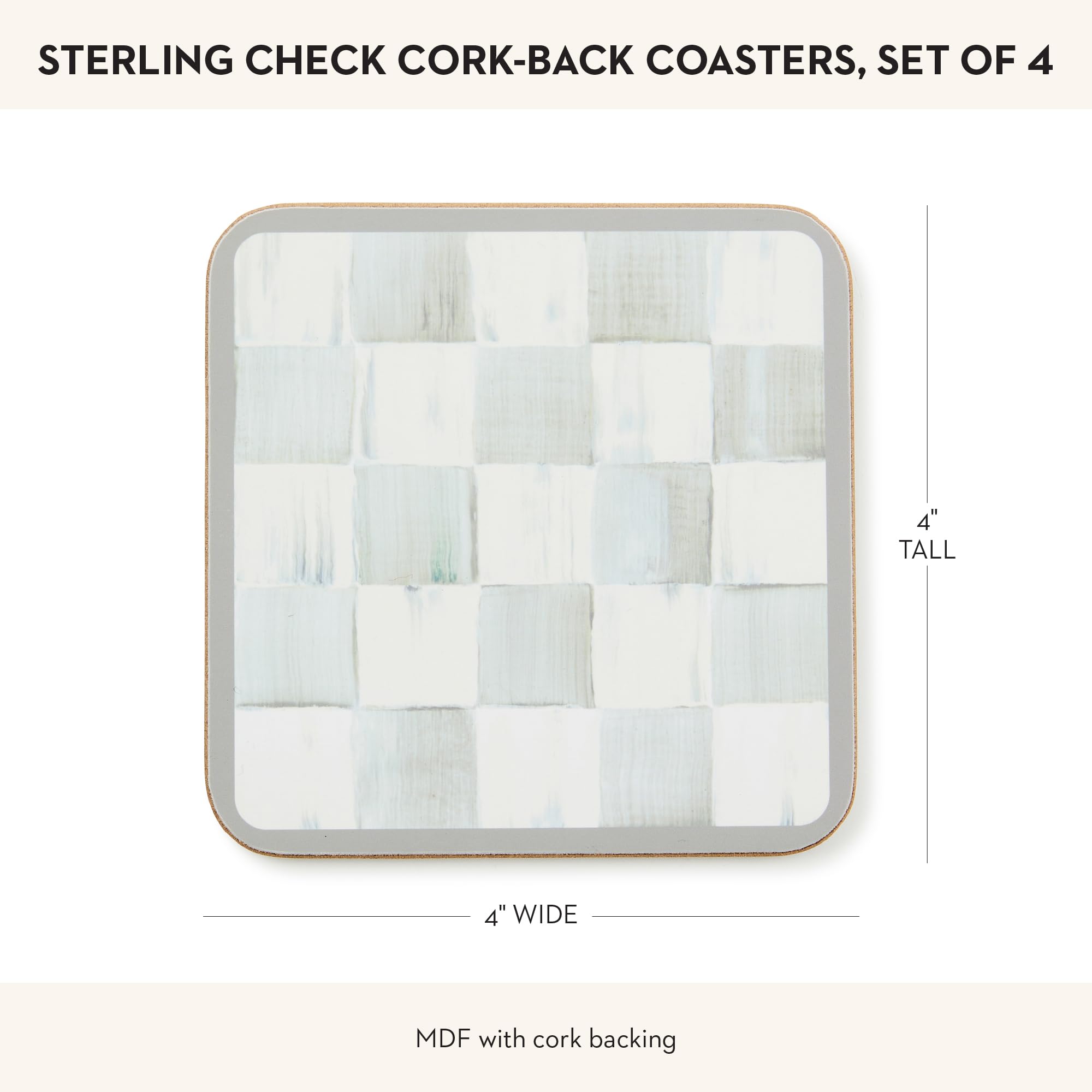 MACKENZIE-CHILDS Square Cork-Back Coaster Set, Table Coasters for Drinks, Set of 4, Gray-and-White Sterling Check