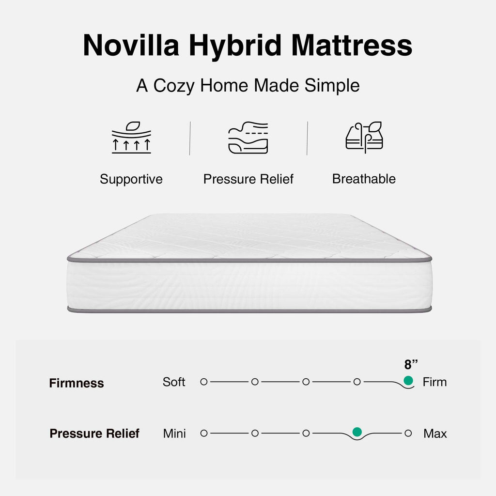 Novilla Twin Size Mattress, 8 Inch Twin Mattress Hybrid with Comfy Support, Bed Mattresses in a Box with Individual Pocket Springs for Motion Isolation & Pressure Relief, Certipur-Us Certified