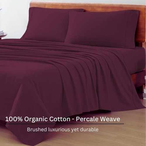 LANE LINEN 100% Organic Cotton Bed Sheets - Eco-Friendly Full Size, Soft Percale Weave in Windsor Wine