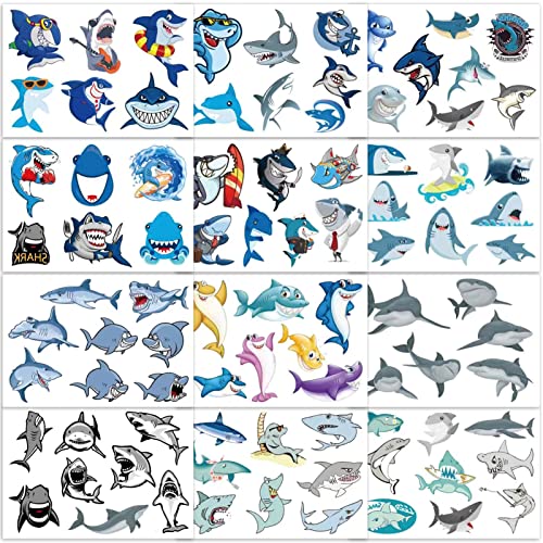 Qpout Shark Temporary Tattoos for Kids - 12 Sheets Ocean Fake Tattoos