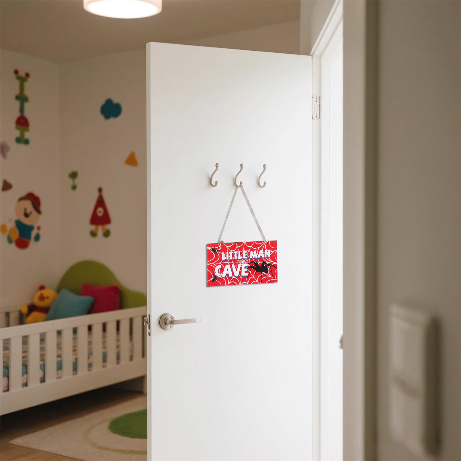 Spider Door Sign, 12x6in Red Wooden Spider Web Nursery Room Decor Little Man Cave Signs with Rope Wall Art Room Decoration for Boys Men