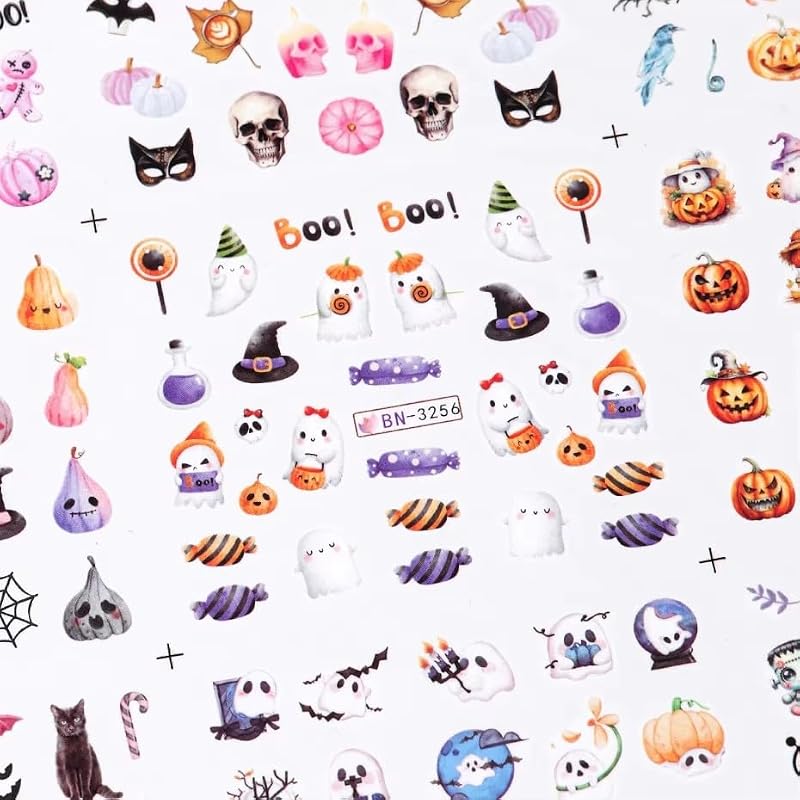 JUNCHAO Halloween Nail Art Stickers Pink Pumpkins Cute Ghost Water Decals 12PCS