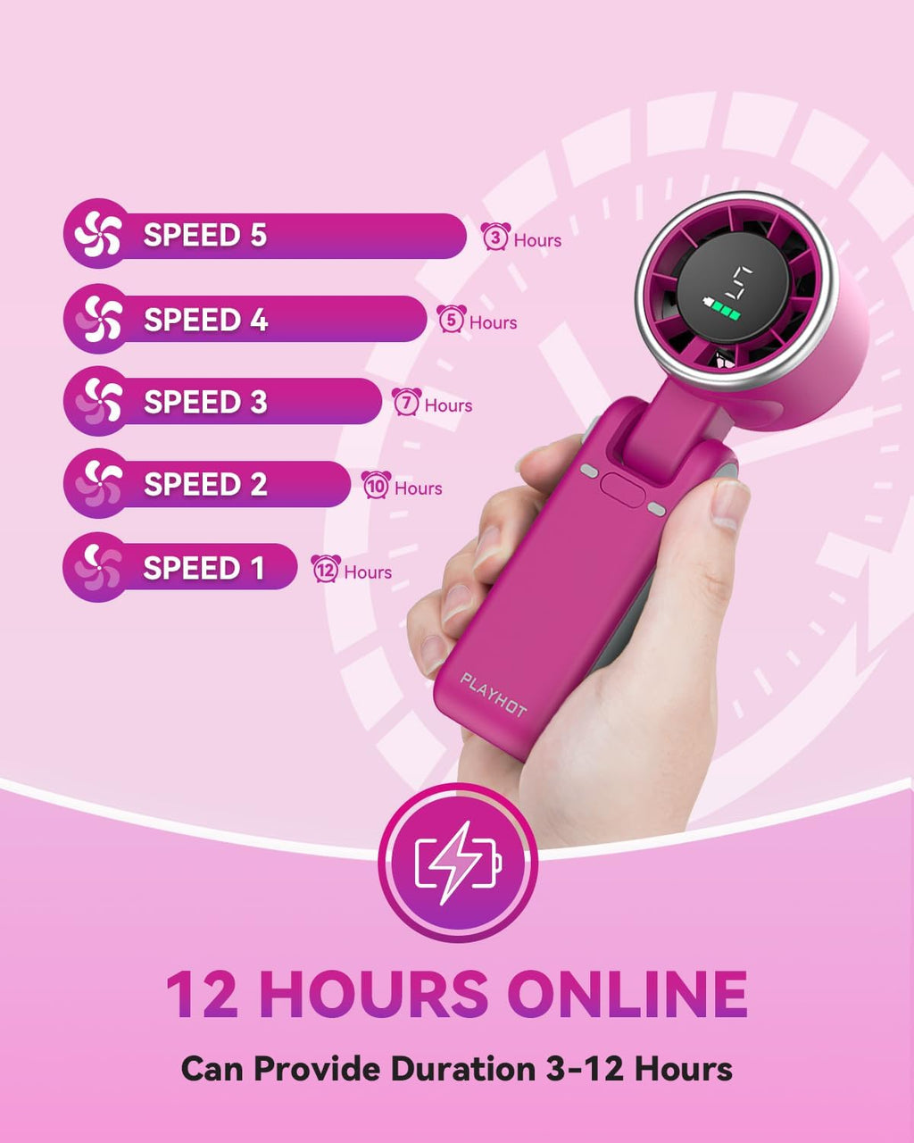 PlayHot Portable Handheld Turbo Fan - 5-Speed Rechargeable Personal Fan | 5000mAh Battery, 12-Hour Run Time, 3-in-1 Design (Magenta)