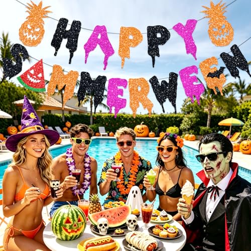 Happy Summerween Banner Set - Pre-Strung Glitter Pink Party Decorations