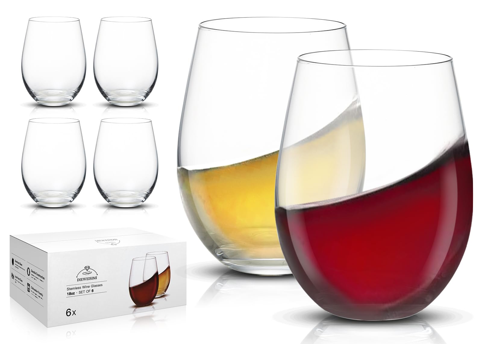 Stemless Wine Glasses, Hand Blown Drinking Glasses Set of 6 18oz, Crystal Wine Glass, Clear Red White Wine Glasses, Gift for Woman, Christmas, Anniversary, Birthday, Housewarming