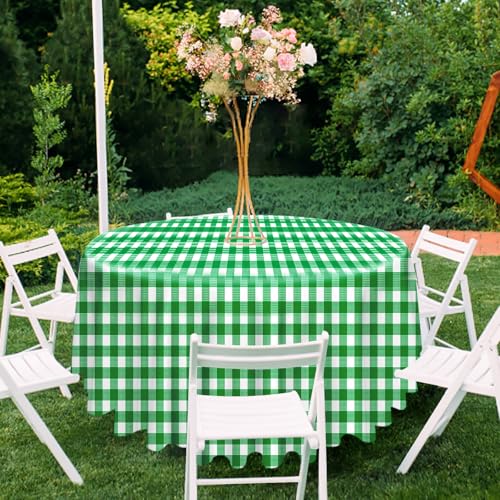 Green and White Checkered Round Tablecloth 84 Inch Pack of 2 - Disposable Picnic & Party Cover