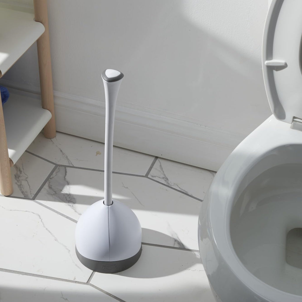 Clorox Toilet Plunger - Heavy-Duty Design with Non-Skid Rubber Base | Compact Holder Caddy, 6.5x19.5-Inch, White