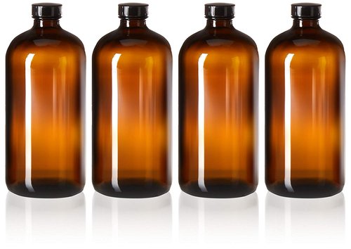 kitchentoolz 32oz Amber Glass Boston Round Bottles with Poly Cone Caps – 12 Pack Leak-Proof Bottles for Brewing, Storage, and DIY Projects