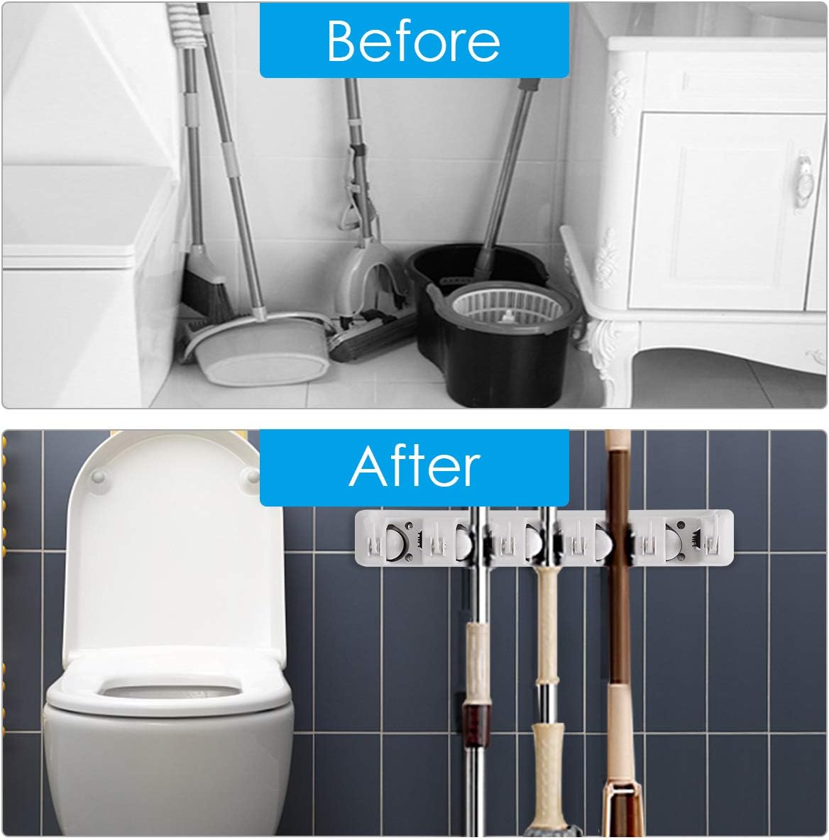 Tangkula Wall Mount Broom Holder - 5 Slot Organizer with 6 Hooks for Home, Kitchen & Garage Storage