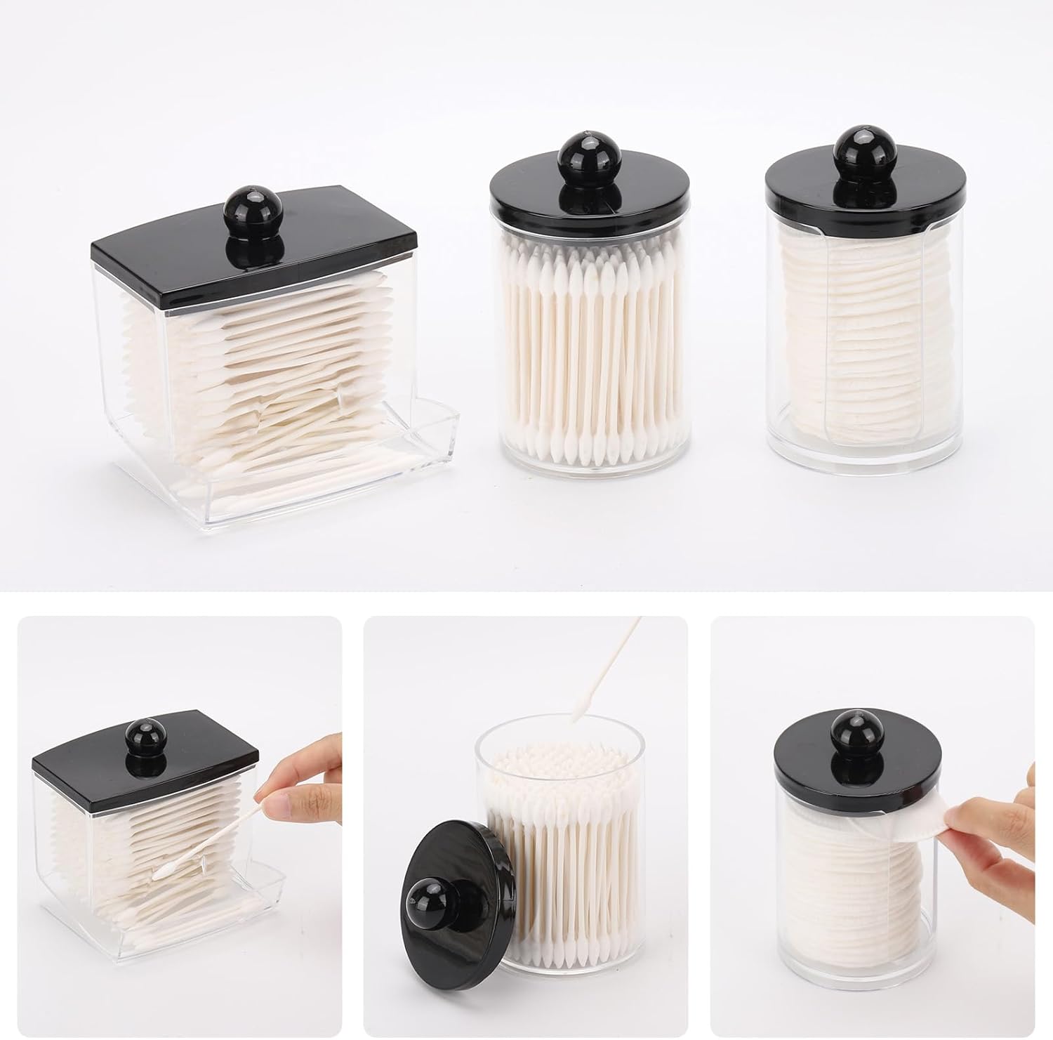 Tbestmax Qtip Holder Dispenser - 3 Pack Bathroom Organizer with Black Lids for Cotton Swabs & Pads