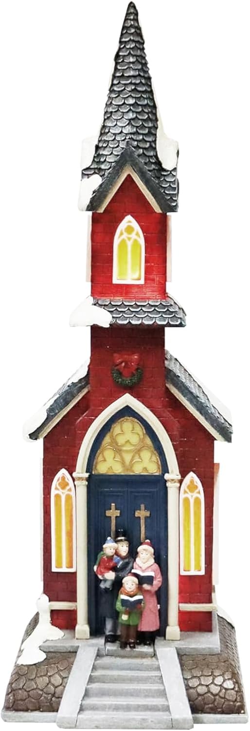 Moments In Time Christmas Village Red Church | LED Lights & 8 Classic Songs | Hand-Painted 15.6” Holiday Decor