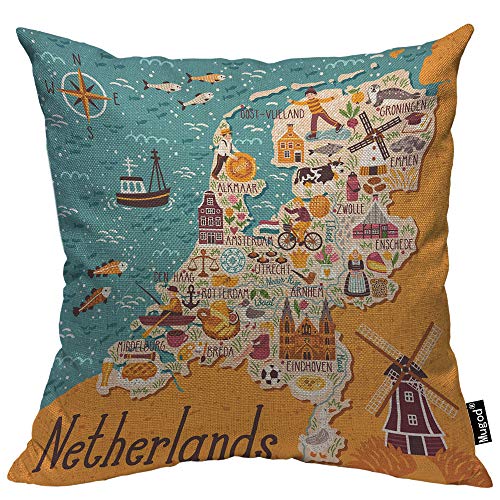Mugod 18x18 Inch Map of Netherlands Decorative Pillow Cover - Dutch Landmarks & Windmill Design