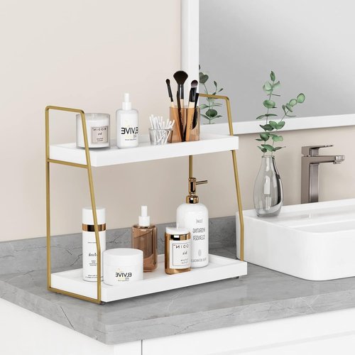 Forbena Bathroom Organizer - Elegant 2-Tier Countertop Storage for Makeup & Skincare | White & Gold