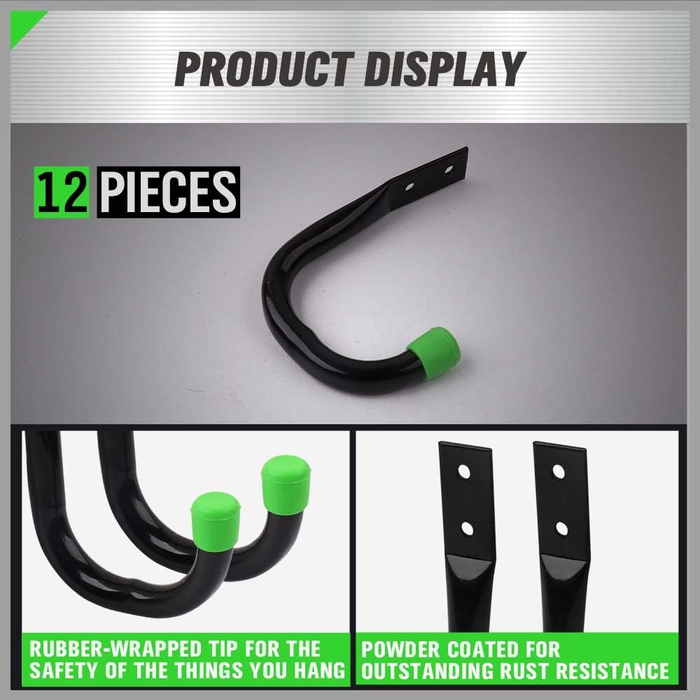 SWANLAKE Heavy Duty Garage Storage Hooks - 12 Black Utility Hooks for Wall Organization