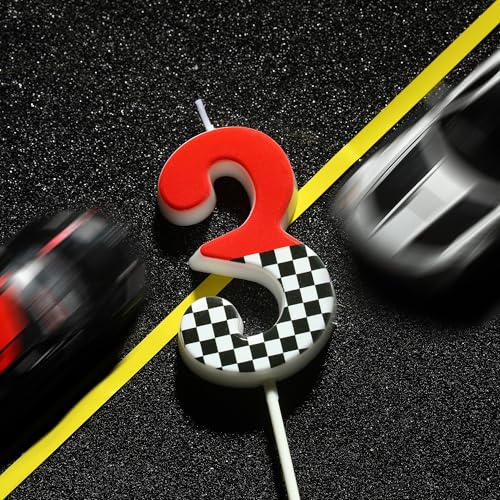 PHD CAKE Racing Stripes Number 3 Birthday Candle 2.76 Inch Red, Black & White