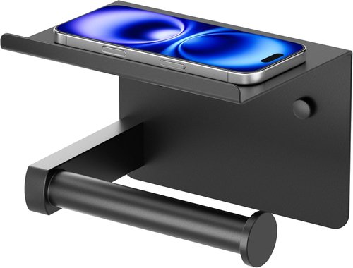FORIOUS Toilet Paper Holder - Matte Black Stainless Steel with Shelf | Adhesive or Screw Mount