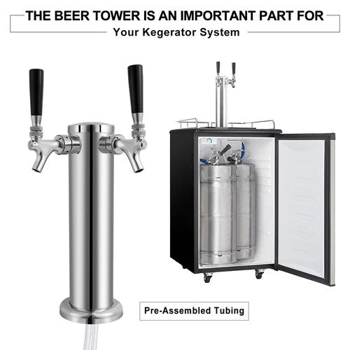 Dbgogo Kegerator Tower Double Tap Beer Tower Dual Faucet Beer Tower Stainless Steel 3'' Flange Beer Tower Dispenser Beer Tap Kegerator Parts with Pre-Assembled Tubing and Self-Closing Springs
