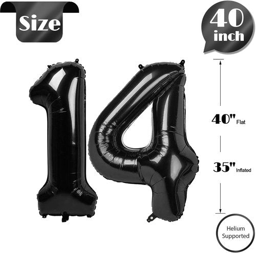 Black Number 14 Balloon - 40 Inch Birthday Decoration for 14th Party | Perfect for Boys & Girls