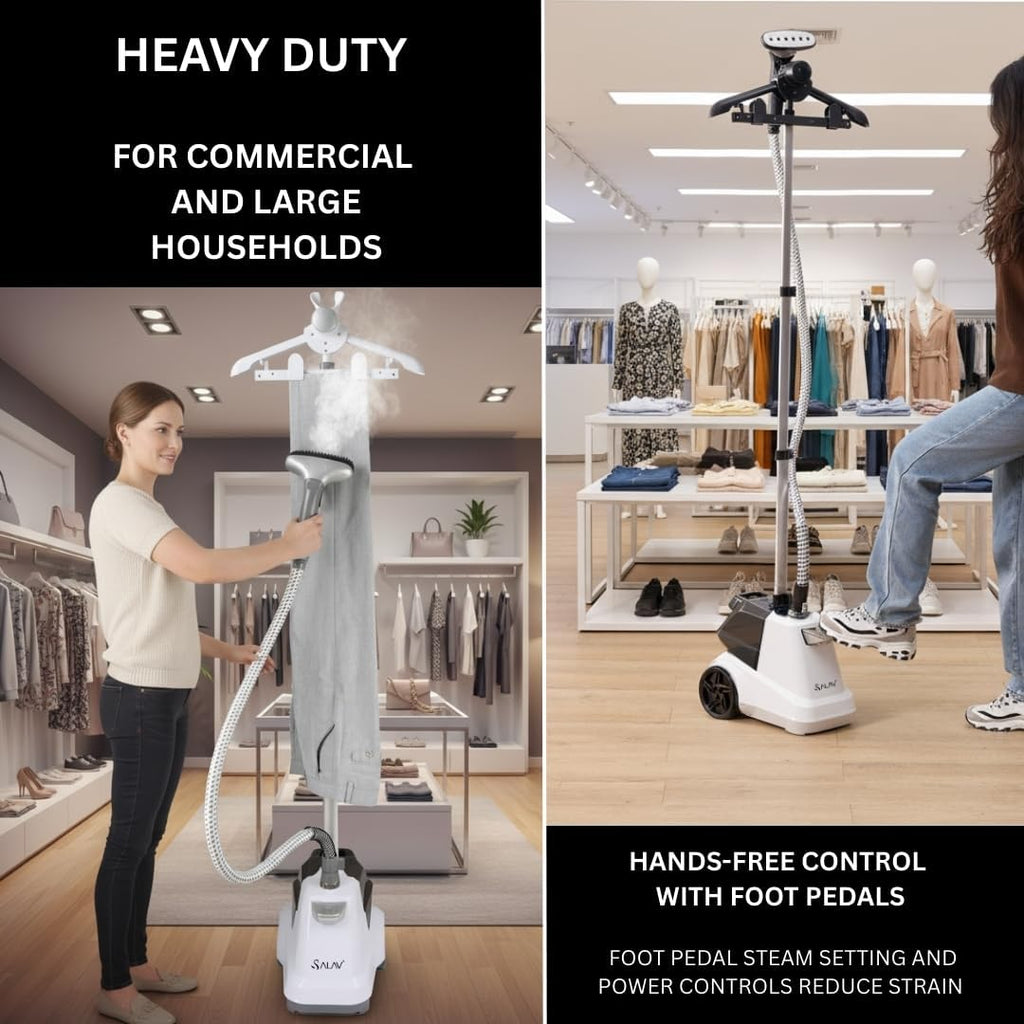 SALAV Heavy Duty Garment Steamer - 1800W Full-Size with 3L Water Tank & 90+ Min Continuous Steam | White