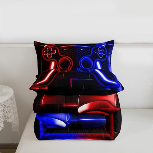 Erosebridal Gamer Comforter Set for Boys Bedding Set 2-Piece Game Console Comforter for Kids Girls Teen 3D Black Gamepad Gaming Bed Sets with Neon Check(Red Blue,Twin)