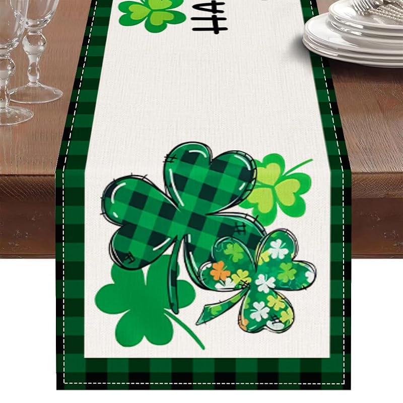 St. Patrick's Day Table Runner - 72x13 Inch Shamrock Linen Decor
